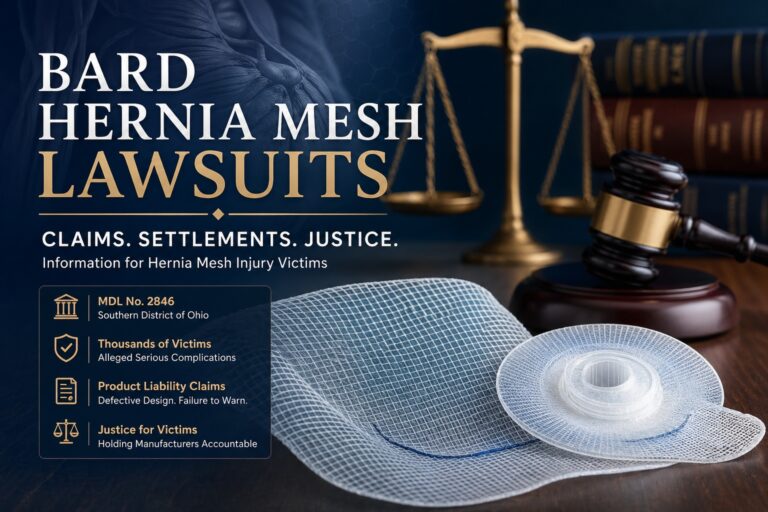 Bard hernia mesh lawsuit illustration showing surgical mesh implant with legal gavel and scales of justice representing product liability and MDL 2846 litigation