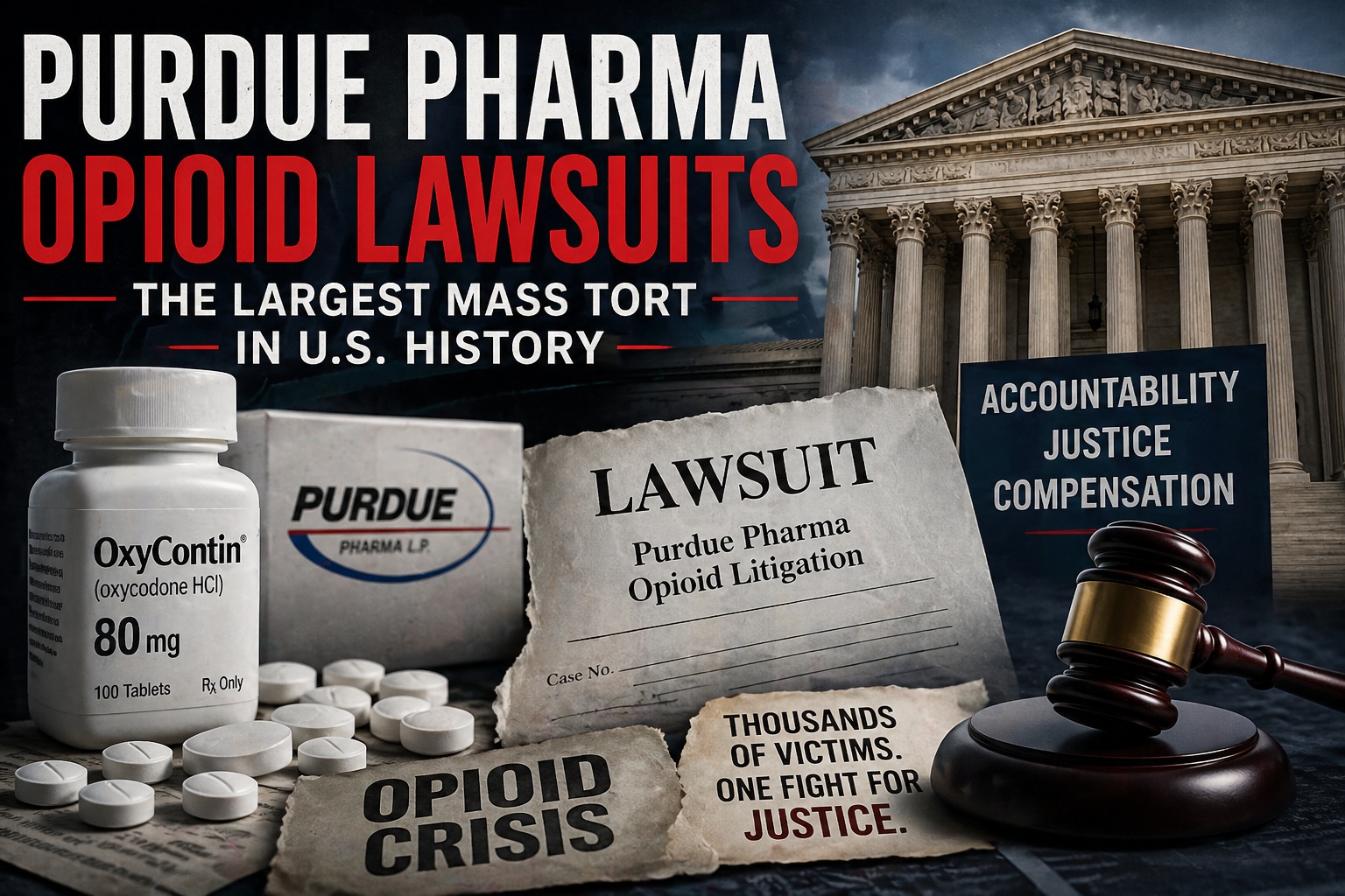 Illustration representing Purdue Pharma opioid lawsuits showing OxyContin pills, a lawsuit document, and a courthouse symbolizing mass tort litigation in the United States.