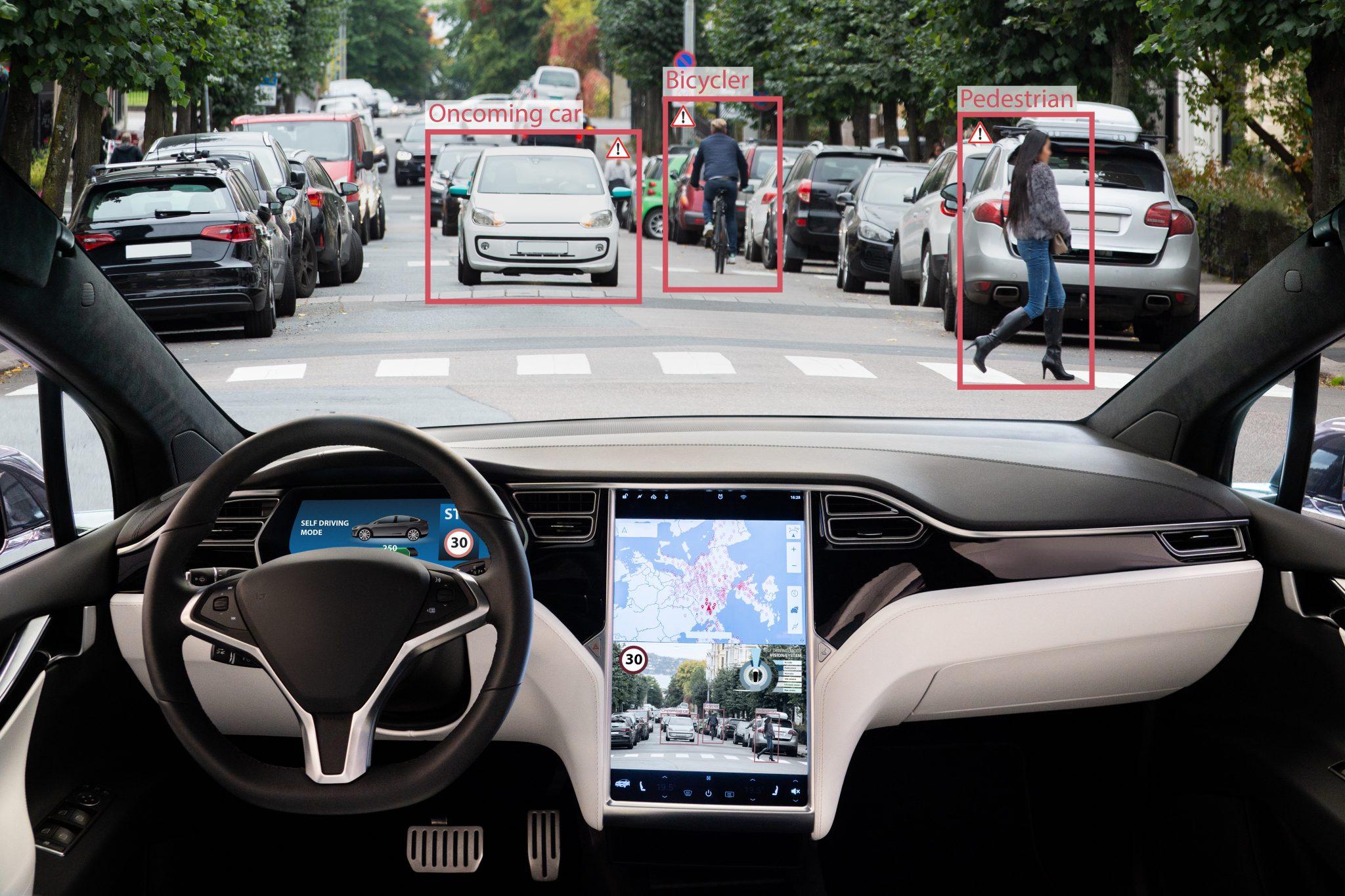 Tesla autopilot lawsuit illustration showing self-driving Tesla vehicle and legal scales representing liability in autonomous vehicle crash lawsuits