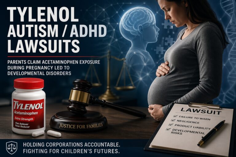 Pregnant woman holding her stomach next to Tylenol acetaminophen bottle and legal gavel representing lawsuits alleging prenatal acetaminophen exposure may be linked to autism and ADHD developmental disorders.