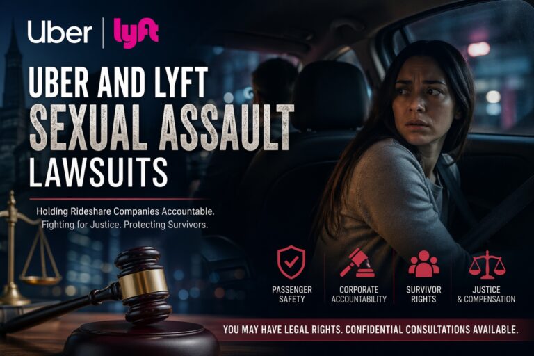 Graphic illustrating Uber and Lyft sexual assault lawsuits with a rideshare passenger, legal gavel, and text highlighting survivor rights and corporate accountability.