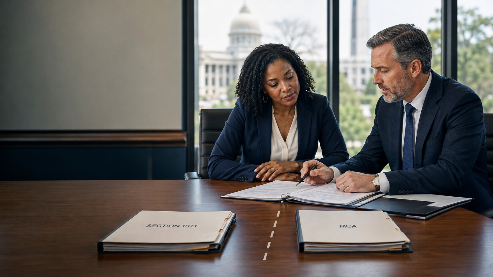 Business owner and attorney reviewing separate Section 1071 and merchant cash advance documents