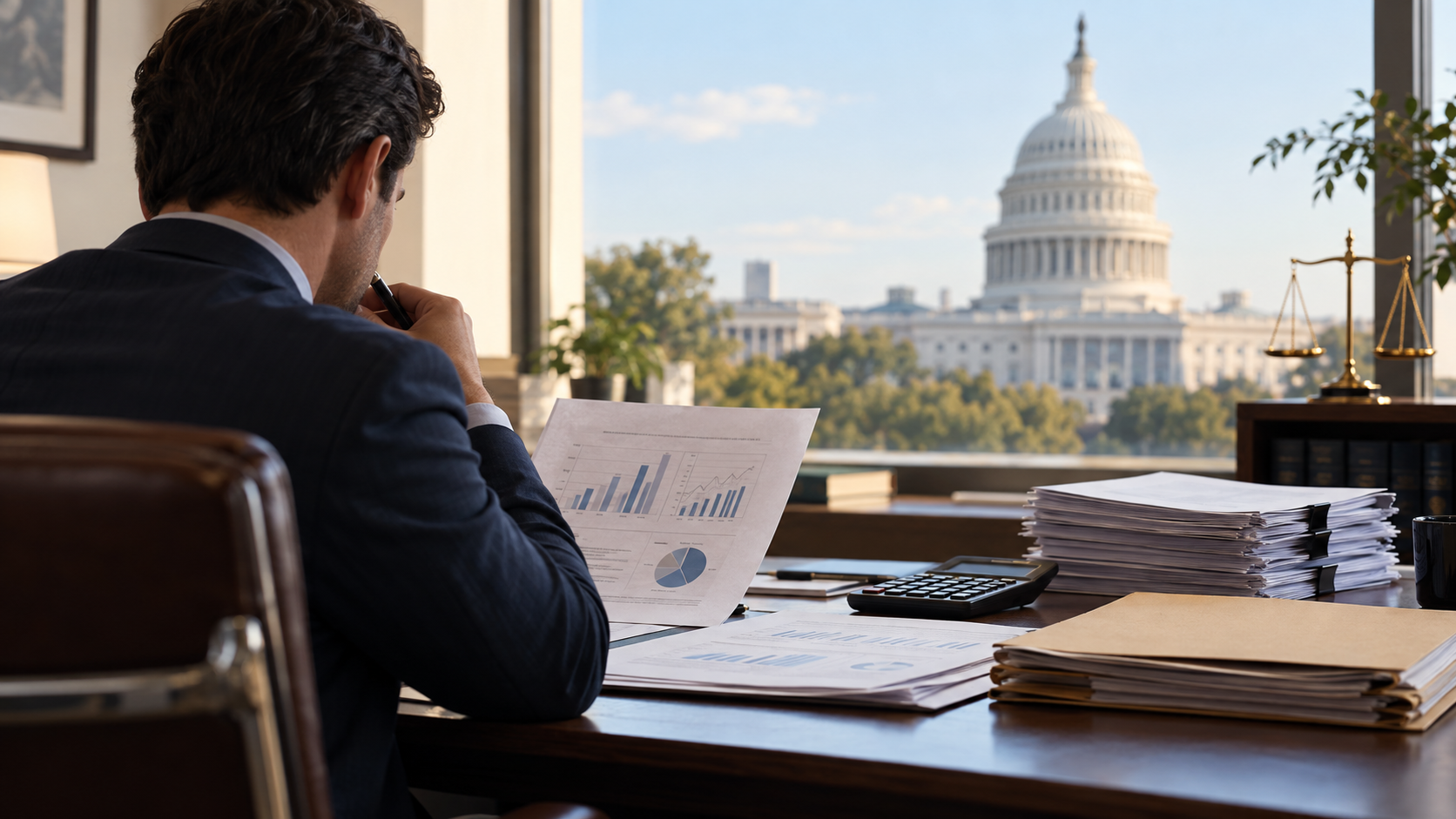 Business owner reviews financial records at a desk with the U.S. Capitol in the background.
