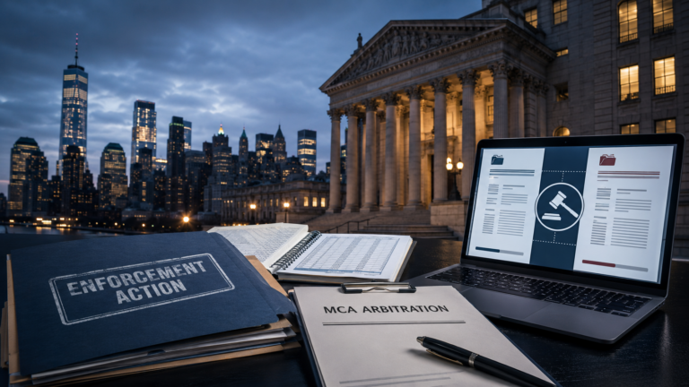 New York courthouse with MCA arbitration documents illustrating the NY Attorney General’s Rapid Ruling lawsuit