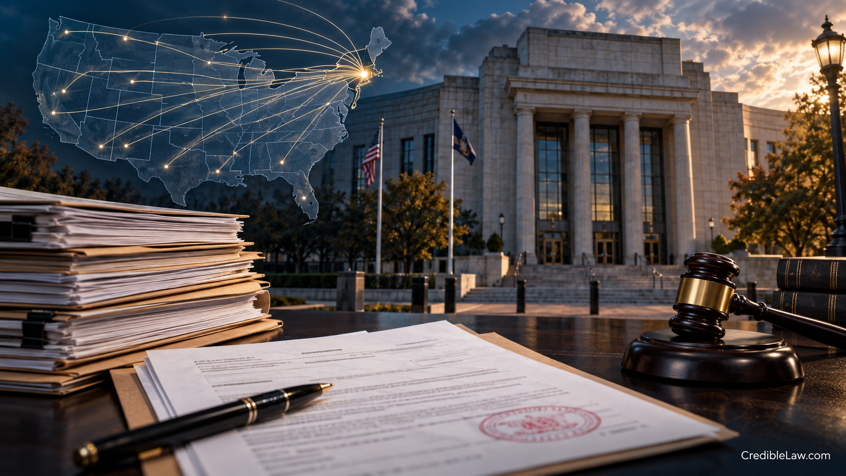 Rockland County courthouse with nationwide filing routes, MCA lawsuit documents and a judge’s gavel representing merchant cash advance default judgments.